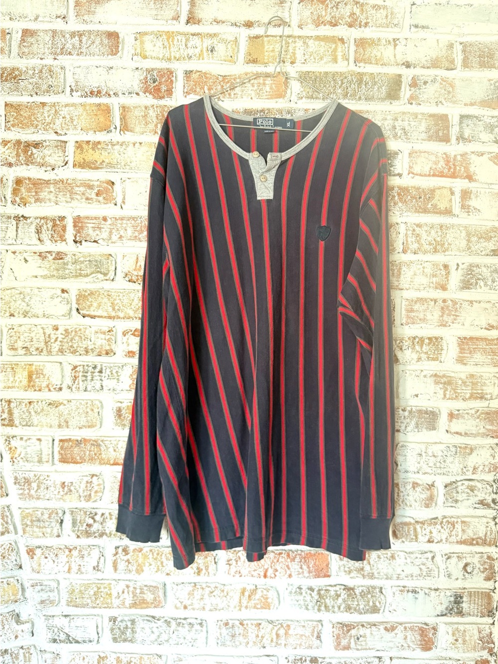 Vintage Men’s Polo Ralph Lauren Long Sleeve Henley Shirt - Red/Navy Stripes XL